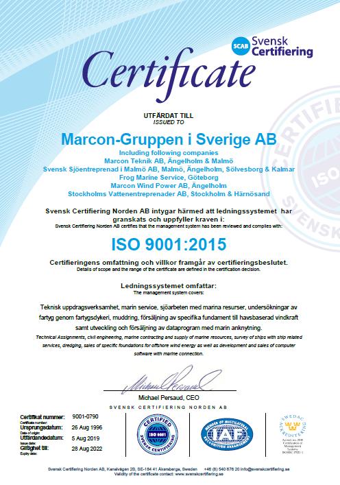 Kopia av ISO certifikat, utfärdat