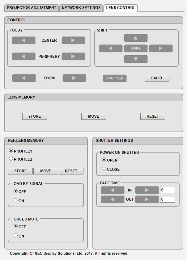 3. Behändiga funktioner LENS CONTROL CONTROL FOCUS CENTER Rikta upp fokus runt den optiska axeln. PERIPHERY Rikta fokuset för skärmens periferiområde. ZOOM / Finjustera storleken på en bild.