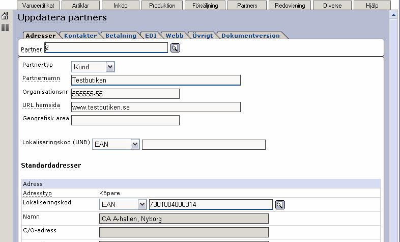 Exempel på hur en partner kan vara upplagd. Följande fält finns under fliken Adresser i partnerregistret: Partner: Här anger ni ett namn eller nummer på er partner. Vi har valt att använda siffran 2.