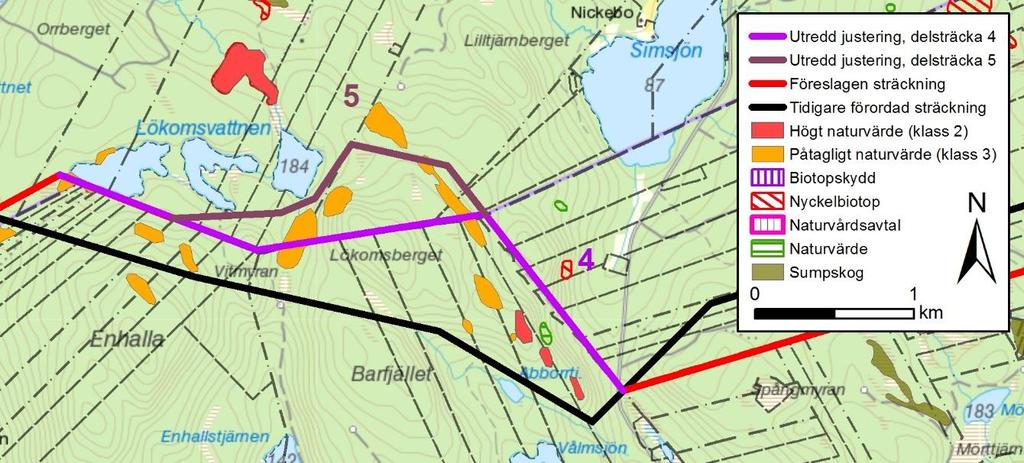 2.2.4 Sträckning kring Barfjället och Lökomsvattnen 4 och 5 Kring Barfjället och Lökomsvattnen är det svårframkomlig terräng.