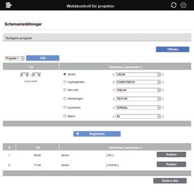 3. Webbkontroll 3.1 Webbkontroll för projektor - Schemainställningar (fortsättn.) 3.1.7.3 Redigera program Redigerar programmet.
