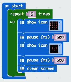 Repetition from microbit import * n = 1 while n <= 5: display.show(image.heart) sleep(500) display.show(image.heart_small) sleep(500) n = n + 1 display.