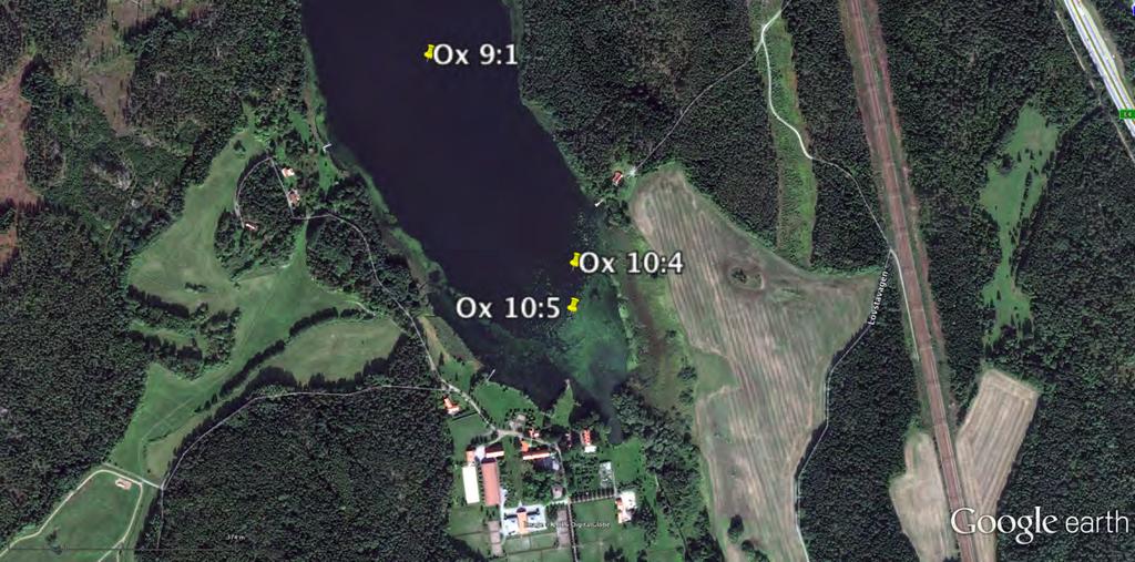 Figur 1 Google Earth-bild över södra Oxundasjön med provtagningsstationerna inlagda. 2.1.1 Positionering Positionering genomfördes med en GPS-utrustning som medger en positionsnoggrannhet av några få meter.