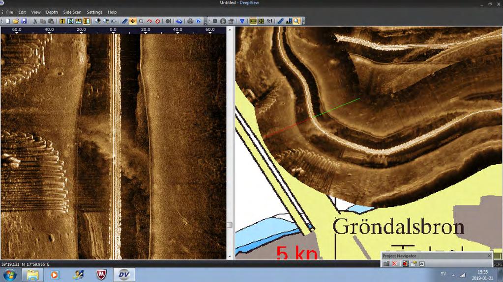 15 Figur 8 Detaljbild från Riddarfjärden visande brofundament och ledverk för farleden under Gröndalsbron.