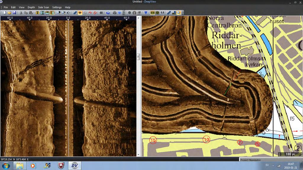 Figur 12 Detaljbild från nordvästra Riddarfjärden visande ett brett vrak utanför Alvik. Ytterligare två vrak kan urskiljas till höger om uppförstoringen. 4.1.1.2.4 Tunnlar I området mellan Riddarholmen och Söder Mälarstrand kan en hel del ekon urskiljas som är kopplade till tunnelbyggnationerna för Citybanan.