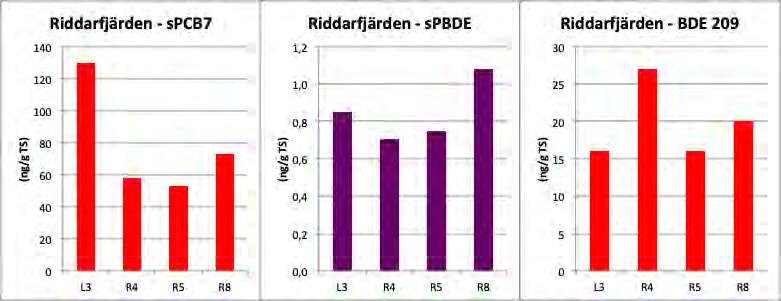 28 I Riddarfjärden ligger TFT-halterna på de flesta stationer under detektionsgränser på 1-4 ng/g TS. I området nord och ost om Långholmen ligger halterna på mellan 2,8 och 38 ng/g TS (Fig. 27).