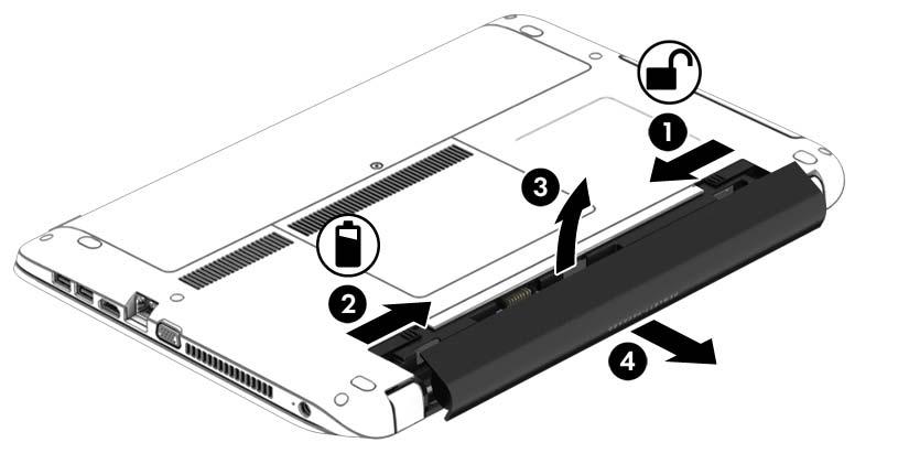 3. Luta batteriet uppåt (3) och avlägsna det från datorn (4). Spara på batteriet Välj låga energiinställningar i Energialternativ på Kontrollpanelen i Windows.