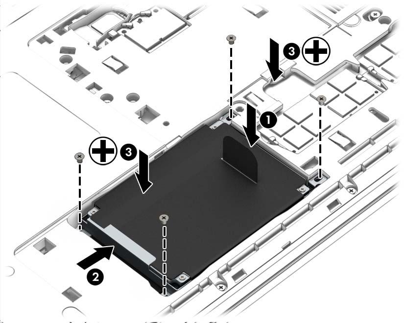 3. Dra åt de 4 hårddiskskruvarna (3). 4. Sätt tillbaka serviceluckorna (se Sätta tillbaka serviceluckorna på sidan 54). 5. Sätt i batteriet (se Sätta i ett batteri på sidan 44). 6.