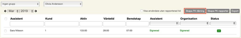 FK-rapporter skapas för de assistenter man har kryssat i (rutan till vänster om assistentens namn) när man klickar på Skapa FK-rapporter.