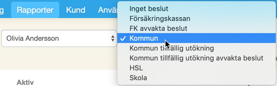 Som standard väljs beslutet Kommun när man har valt en kund.