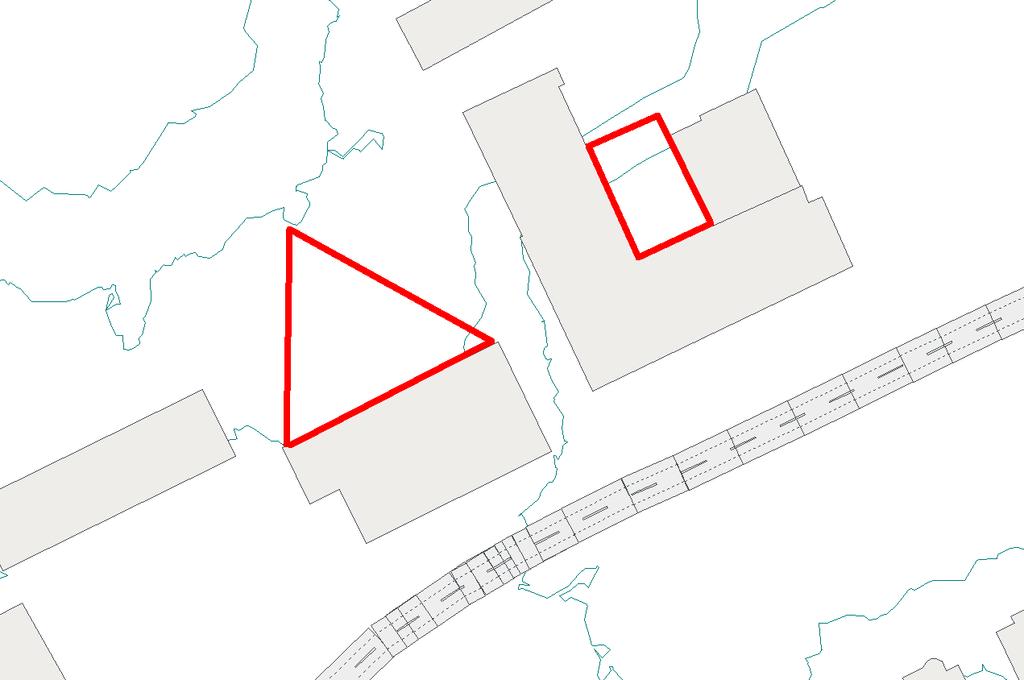 Figur 2. Rödmarkerade ytor visar lämplig placering av gemensam uteplats.