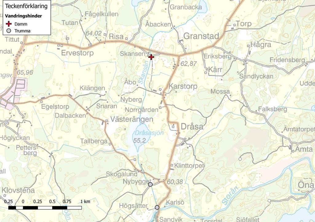 3 2 1 Figur 11. Karta som visar vandringshinder nr 1-3 i Skansån. Samtliga hinder bedömdes som partiella hinder för mört och passerbara för öring. Tabell 4.