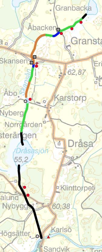 mänsklig påverkan, i Skansån. På kartan visas också förekomsten av bestämmande sektioner.