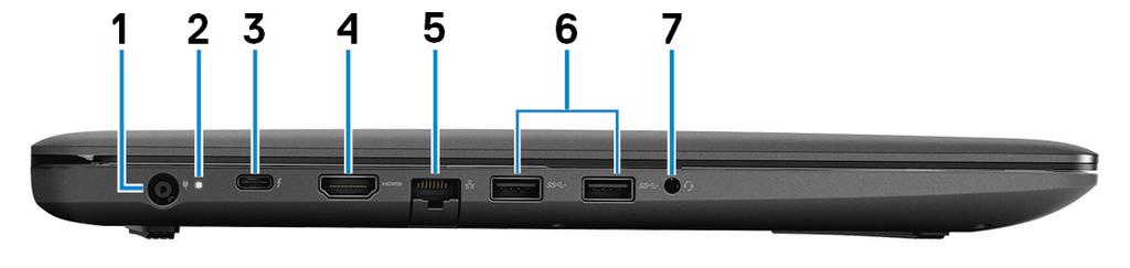 4 Vyer av Dell G3 3779 Vänster 1 Nätadapterport Anslut en nätadapter för att förse datorn med ström och ladda batteriet.