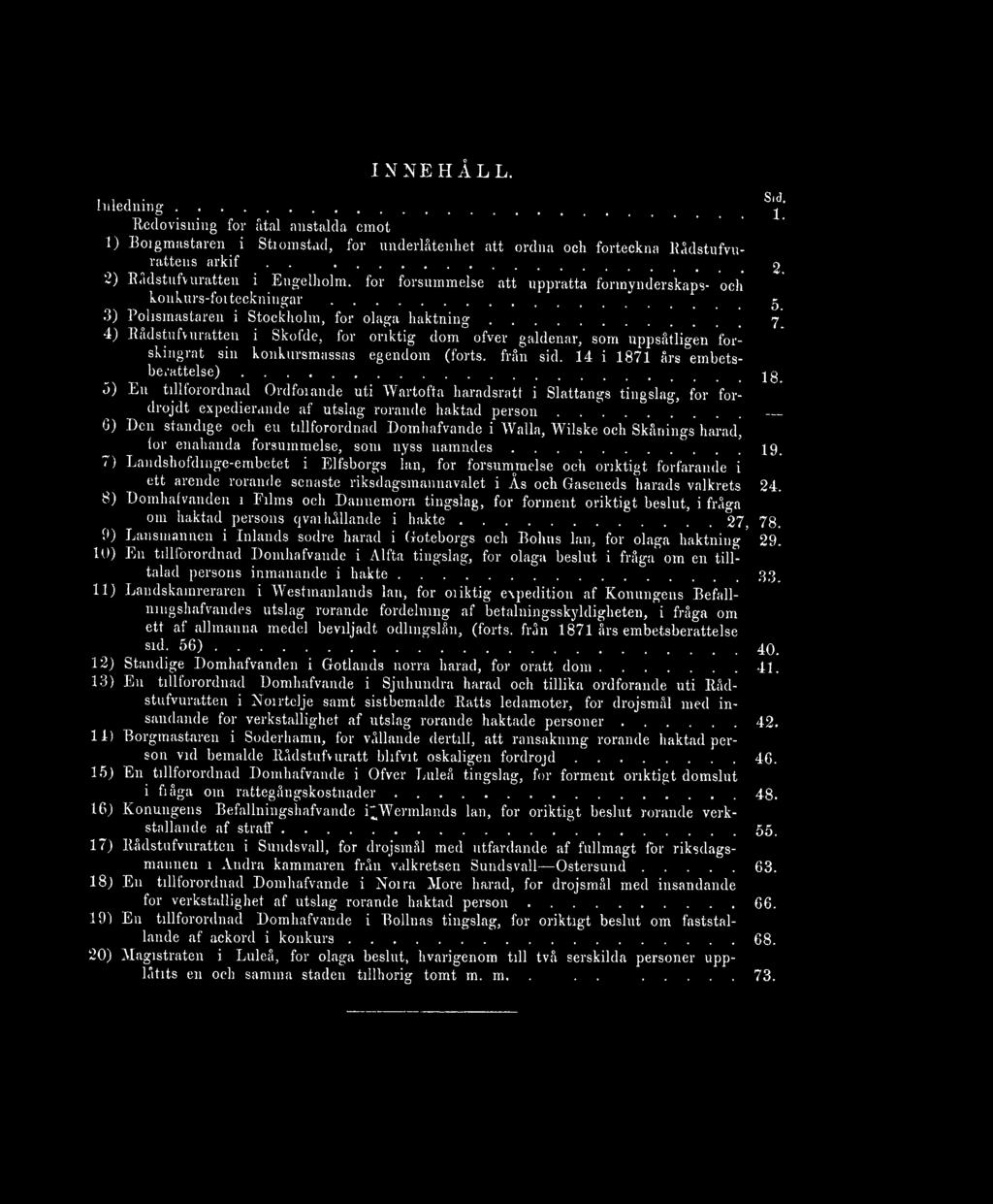 14 i 1871 års embetsberättelse)... 2 g 5) En tillförordnad Ordförande uti Wartofta häradsrätt i Slättängs tingslag, för fördröjdt expedierande af utslag rörande häktad person.
