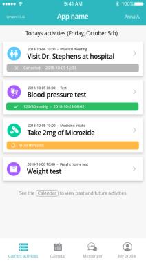 Name Time Activity plan Type Blood pressure test 2018-10-05 08:00 Activity plan title 1 Test October 2018 Participation in study 2018-10-05 10:00 Activity plan title 1 Consent 1 2 3 4 5 6 7 Weekly