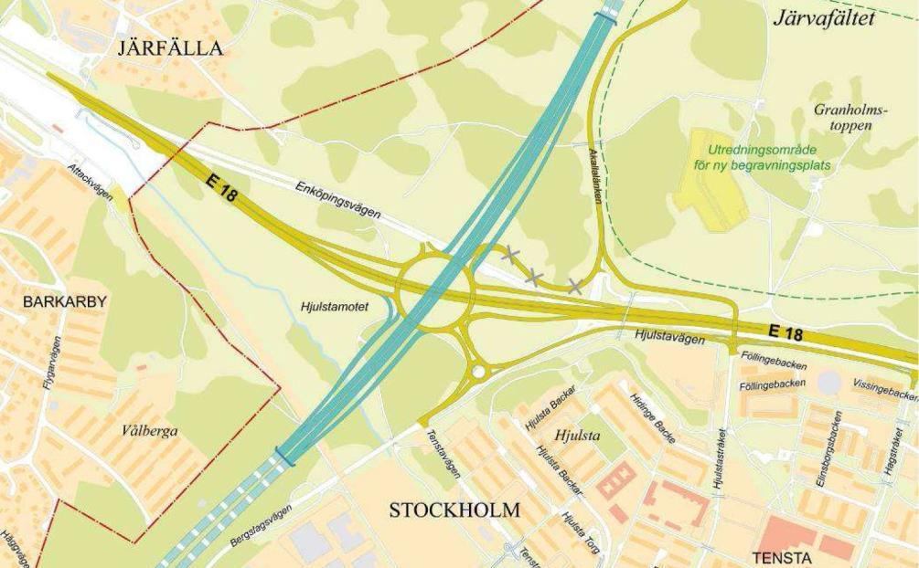Sida 9 (41) Förbifart Stockholm kommer att ansluta till Hjulstamotet och till E18. I väster ansluts Akallalänken till terrassen. Tenstaterrassen markerat med röda streck.