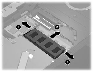 b. Fatta tag i kanten på minnesmodulen (2) och dra försiktigt ut den ur minnesmodulplatsen. Lägg den borttagna minnesmodulen i en antistatisk förpackning som skydd. 14.