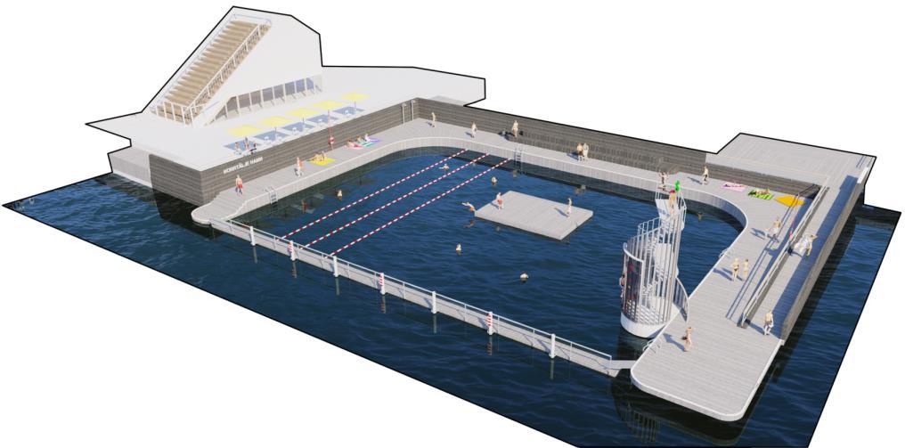 Figur 2.3 Planerad utformning av stadsbadet öster om piren. Öster om stadsbadet anläggs en gångbrygga som fästs till piren.