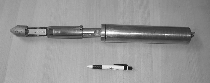 The most vital part of the equipment is the Borre probe, which is shown in Figure 3-1. The instrument carries nine electrical resistance strain gauges mounted in three rosettes.