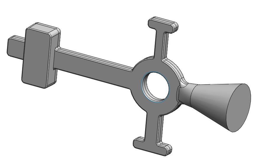 Figur 2 CAD-modell av en av de provgeometrier som analyserades Geometrierna simulerades också med avseende på varmsprickor i NovaFlow&Solid, och resultatet visade bl.a. att det fanns varmsprickrisk i områden på bild till vänster i Figur 3.