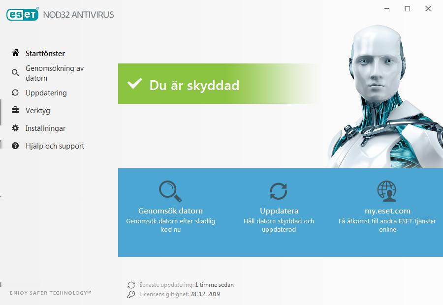Skärmen Hem innehåller viktig information om datorns aktuella skyddsnivå. Statusfönstret visar ofta använda funktioner i ESET NOD32 Antivirus.