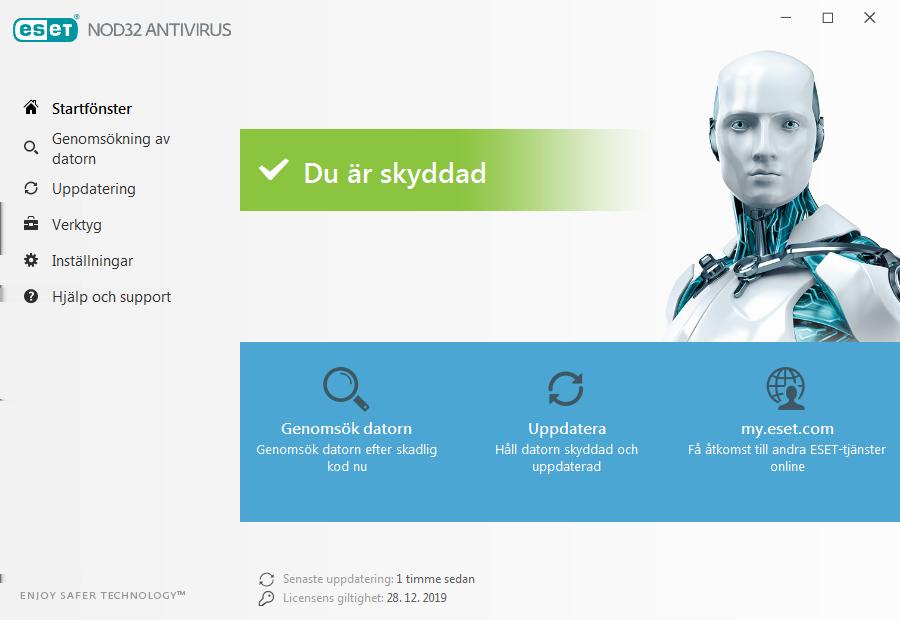 Skärmen Hem innehåller viktig information om datorns aktuella skyddsnivå. Statusfönstret visar ofta använda funktioner i ESET NOD32 Antivirus.