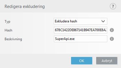 Se ﬂer exempel på exkluderingsformat nedan. Undanta detektering eller undanta hot Ett giltigt detekterings- eller hotnamn från ESET behöver anges.