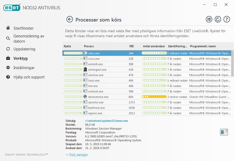 Rykte i de ﬂesta fall tilldelar ESET NOD32 Antivirus med hjälp av ESET LiveGrid -teknik risknivåer till objekt (ﬁler, processer, registernycklar, osv.