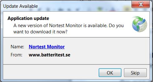 Programmet startas från START menyn under Alla program -> DOJA -> Nortest -> Nortest Monitor. När programmet startas kontaktas batteritest.
