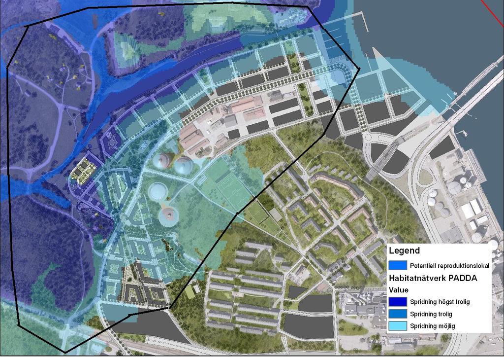 Bild 4. Kartan visar områden där det finns eller tidigare funnits lämpliga livsmiljöer för groddjur i anslutning till Nationalstadsparken och det omkringliggande landskapet.