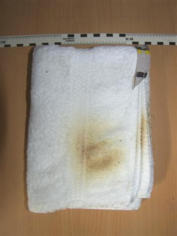 Sida 7(12) Försök Eftersom det innan undersökningen fanns uppgifter om att det värmts en handduk i en mikrovågsugn, och efter en timme lagts på eller i tvättsäcken i sköljrummet, utfördes