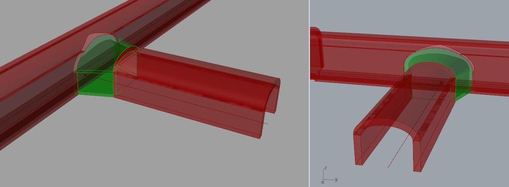 6.3 Vinkelrätta geometrier Figur 6.4: gröna området visar trattövergången som skapats. Figur 6.4 visar det slutgiltiga resultatet av en övergång när en tunnel möter en annan vinkelrätt.