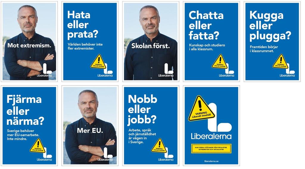 Bakgrundens färger är som nämnt grön respektive blå. Centerpartiet gröna färg är av en mörk men klar nyans, medan Liberalernas blå färg är av en ljus och klar nyans.