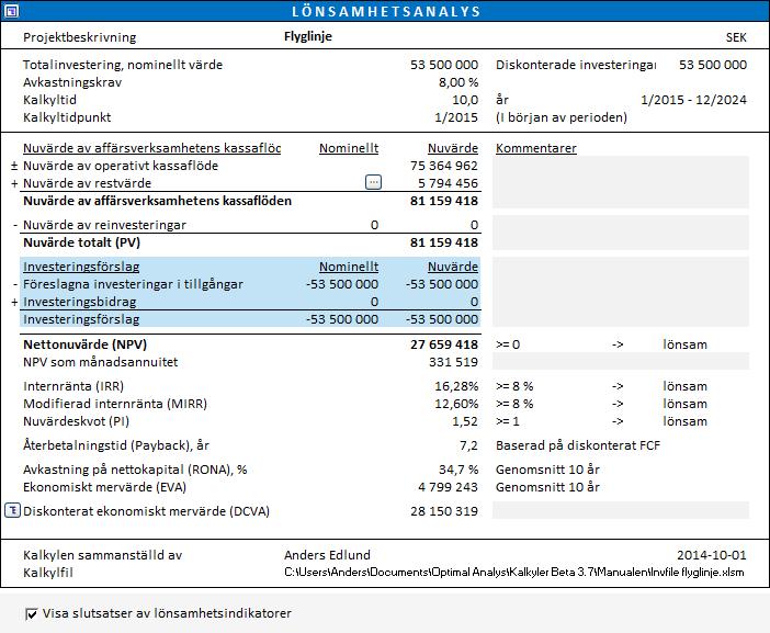 4 Resultat 4.1 Lönsamhetsanalys Tabellen visar den totala lönsamheten över kalkyltiden för investeringen, projektet eller verksamheten: Genom att avmarkera rutan tar man bort programmets kommentarer.