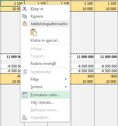 6 Formatera 6.1 Celler Man formaterar investeringskalkylernas celler med hjälp av Microsoft Excel s menyer och genvägar.