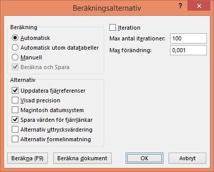 7.3 Beräkning I dialogrutan för Beräkning kan man påverka Invest for Excel s beräkningssätt. I praktiken har man knappast behov att ändra dessa standardinställningar.