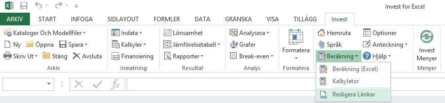 7.5 Redigera länkar Länkar till externa dokument kan redigeras direkt från Invest for Excel s meny. Excel 2013: 7.
