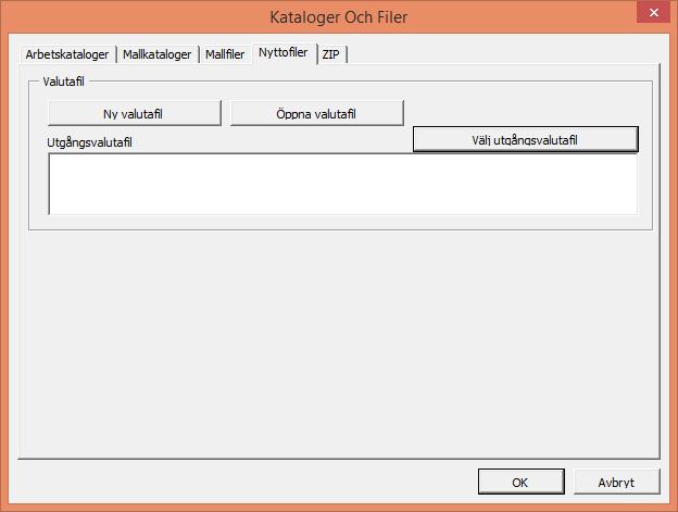 2.1.4 Nyttofiler I fliken Nyttofiler kan man definiera standardvalutafil, skapa en ny valutafil samt öppna befintliga valutafiler. Valutafilerna innehåller också växlingskursen för valutan. 2.