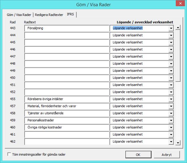 Resultaträkningens rader kan delas in i Löpande och Avvecklad verksamhet i IFRS-rapporterna genom dialogrutan Göm/Visa
