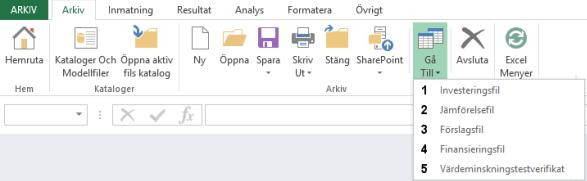2.6.1 Arbeta med flera kalkyler samtidigt I Invest for Excel är möjligt att arbeta med flera Kalkylfiler, Jämförelsefiler, Förslagsfiler, Finansieringsfiler och Värdeminskningstestverifikat,