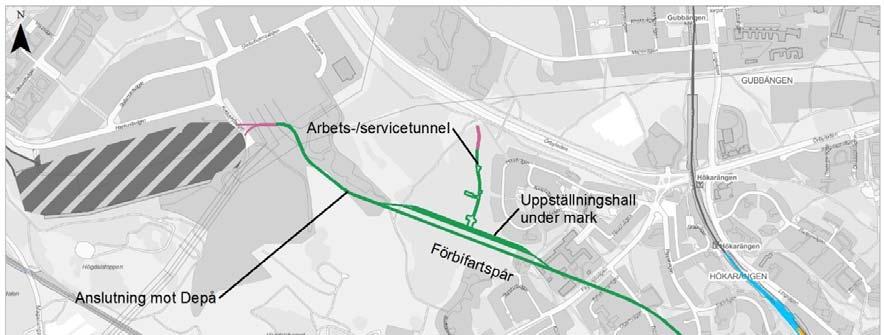 13(50) bergschakt till markytan för arbets- och servicetunneln samt anslutningsspåren.