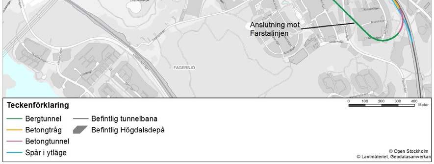 I Figur 2 nedan redovisas anläggningens sträckning tillsammans med lägen för bergtunnlar, inklusive spårtunnlar och uppställningshall, arbets- och servicetunnel samt övriga delar tillhörande