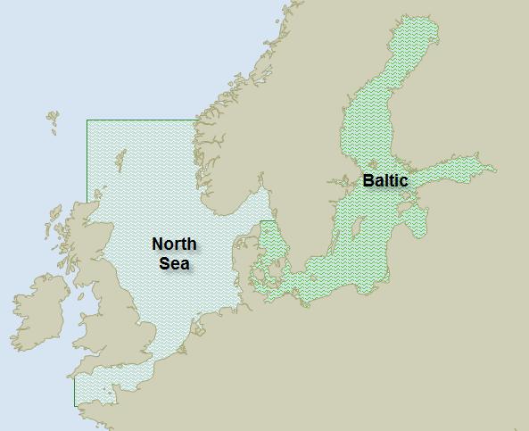 Figur 1-2 Kvävekontrollområde i Östersjön och Nordsjön 2006 respektive 2007 infördes SECA (Sulphur Emisson Control Area) för Östersjön respektive Nordsjön, som sedan 2007 tillsammans utgör samma