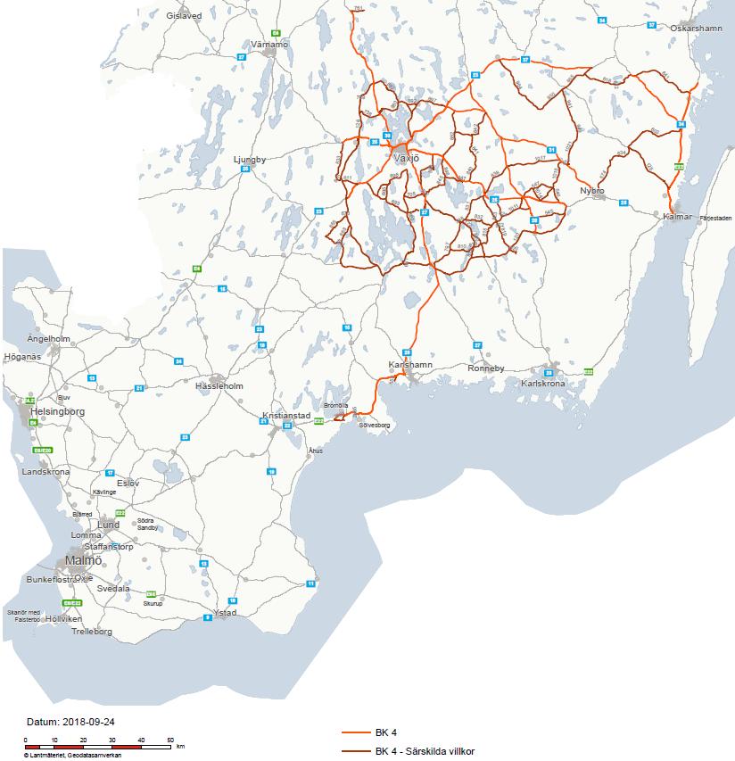 2085 till Nymölla bruk. Nätet är avsett att kompletteras med väg 111 mellan Helsingborg och Höganäs under 2019. 12 Figur 6 Vägar med BK4 idag.