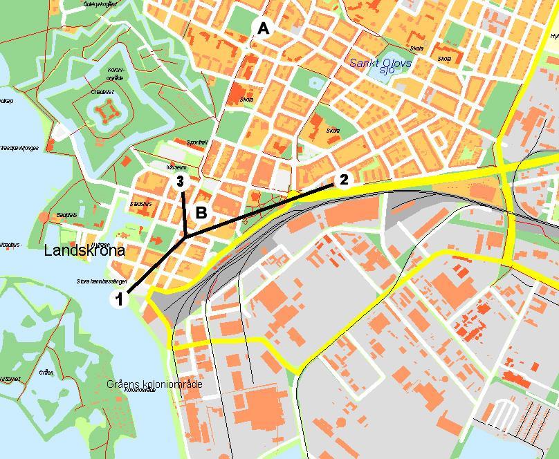 Mätstationer Figur 1. Mätstationernas placering i Landskrona. DOAS-instrumentet mäter längs hela de inritade sträckorna.