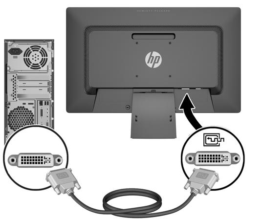 Använd den medföljande DVI-D-signalkabeln vid digital DVI-drift. Anslut DVI-Dsignalkabeln till DVI-kontakten på bildskärmens baksida och den andra änden till datorns DVI-kontakt. 4.