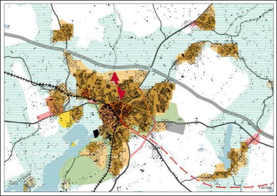 46 Bild 29: Utgångspunkterna för planeringen av Salo samt Märy, S:t Bertils och Muurla. Det mörkare angivna området visar områdena för tät tätort.