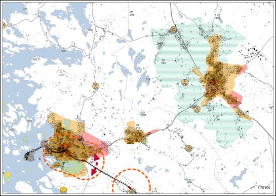 47 Bild 30: Nystads och Letalas utgångspunkter för planeringen. Det mörkare angivna området visar områdena för tät tätort.
