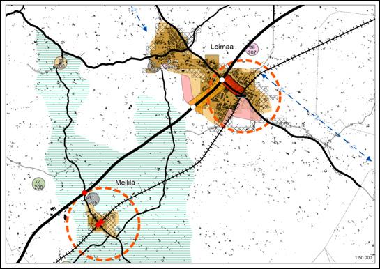 48 Bild 32: utgångspunkterna för planeringen av Loimaa. Det mörkare området anvisar områden för tät tätort.